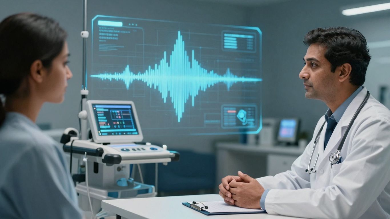 Doctor and patient in a modern healthcare setting with AI elements.
