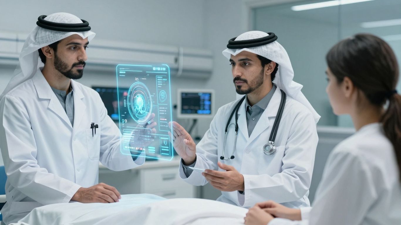 Doctor and patient interacting with AI interface in hospital.