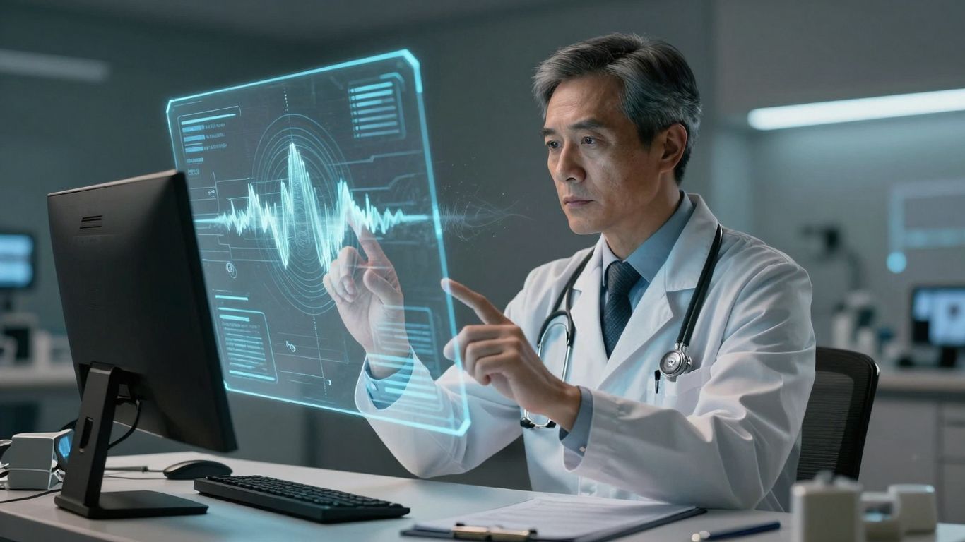 Doctor using AI voice agent in a futuristic healthcare setting.