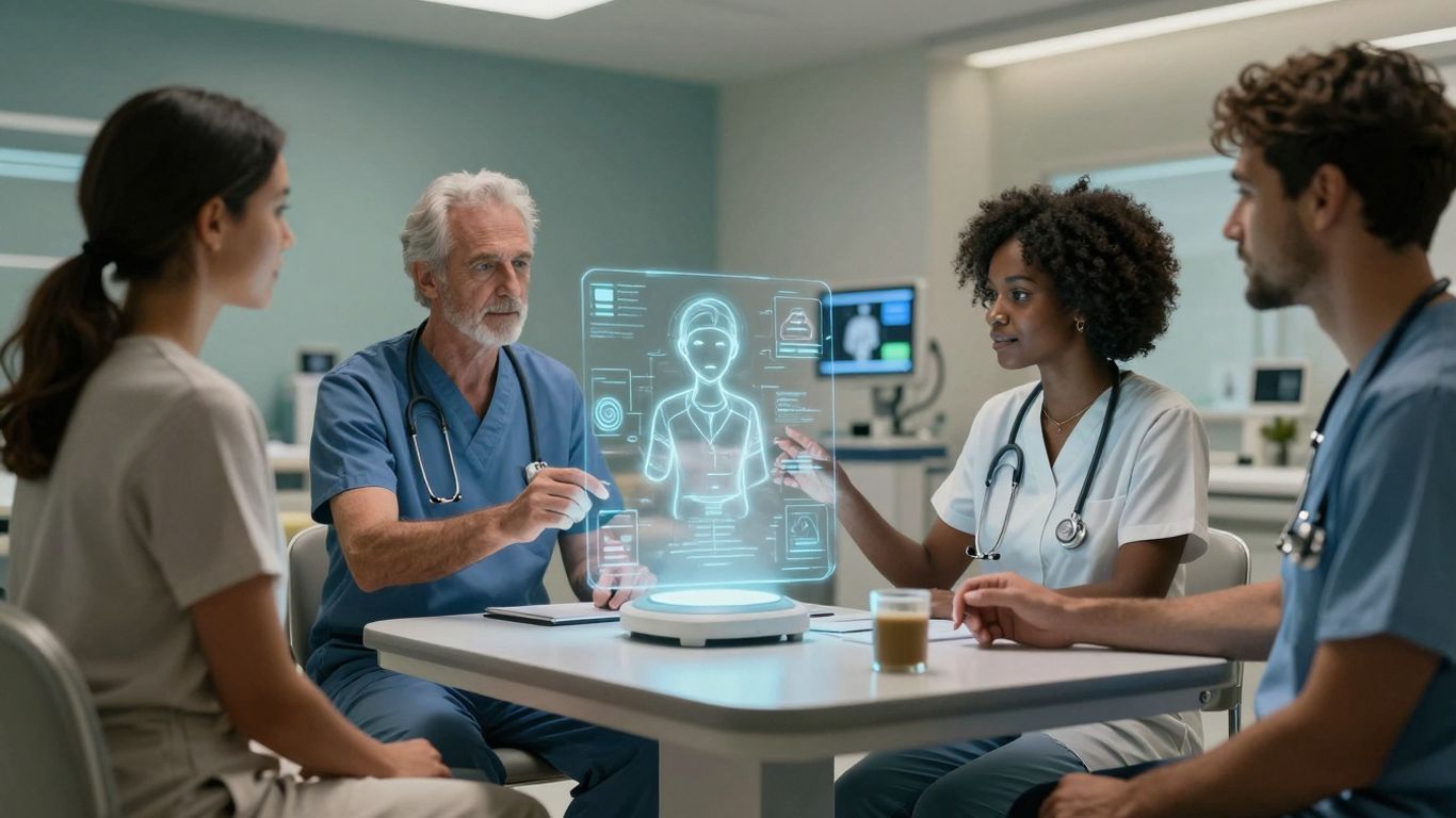 Patients engaging with advanced healthcare AI technology.