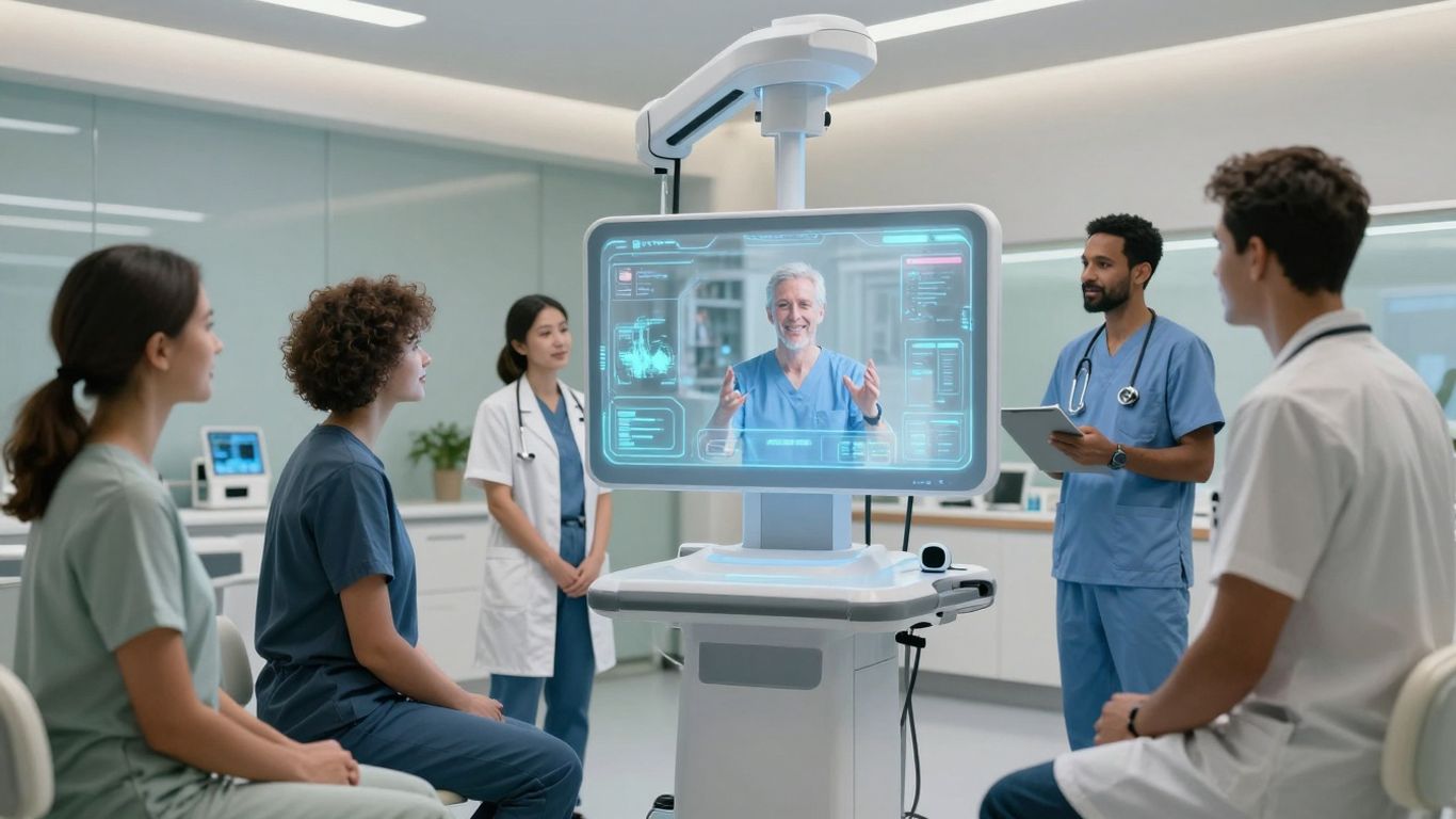 AI interface assisting patients in a modern healthcare facility.