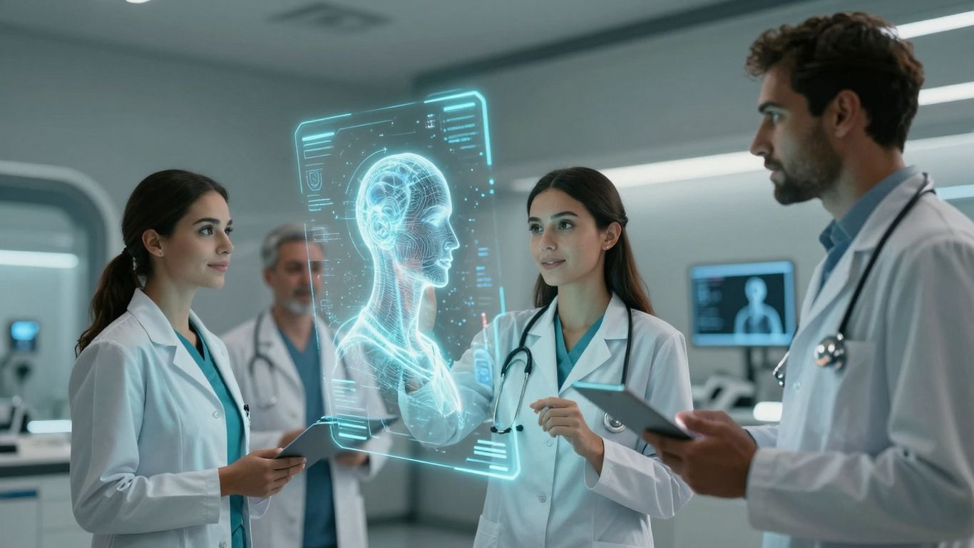 AI voice agents assisting healthcare professionals in a modern clinic.