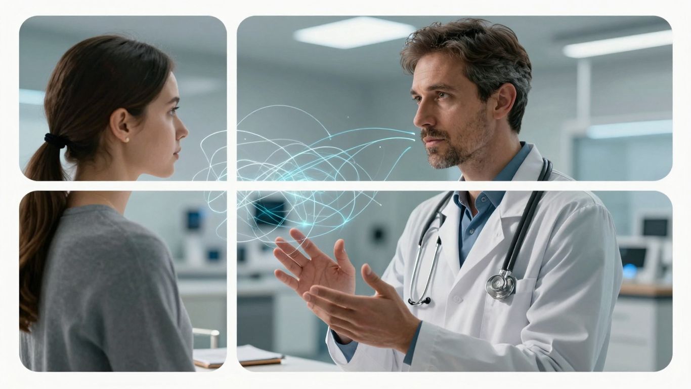 Doctor and patient with futuristic AI voice technology.