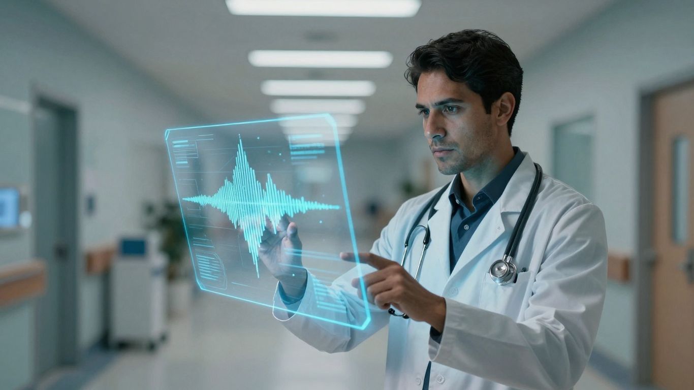 Doctor using AI voice technology in a modern hospital.