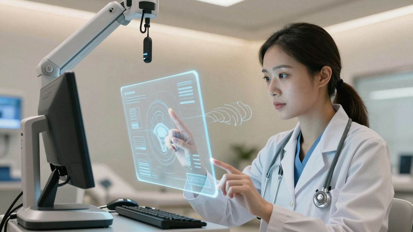 Doctor using voice AI for healthcare triage.