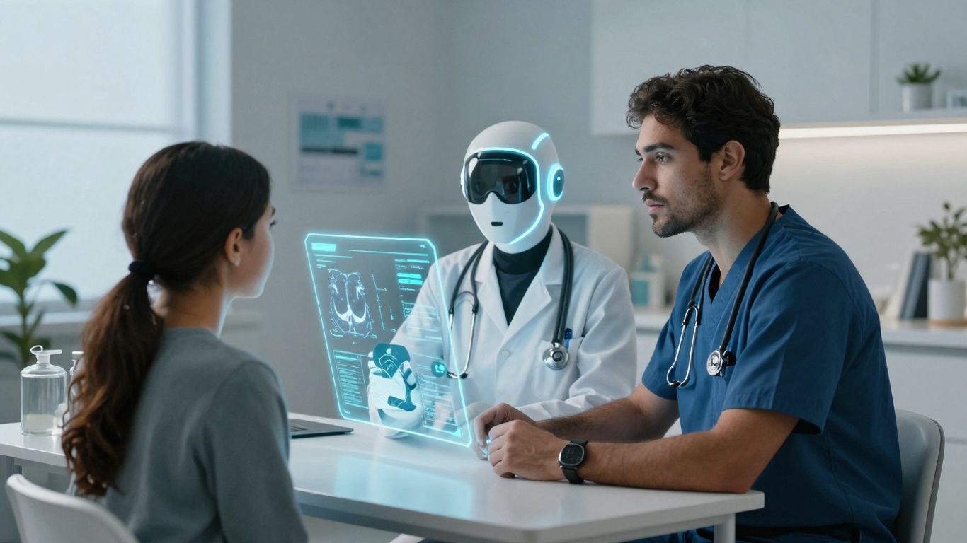 Doctor and patient using AI for healthcare triage.
