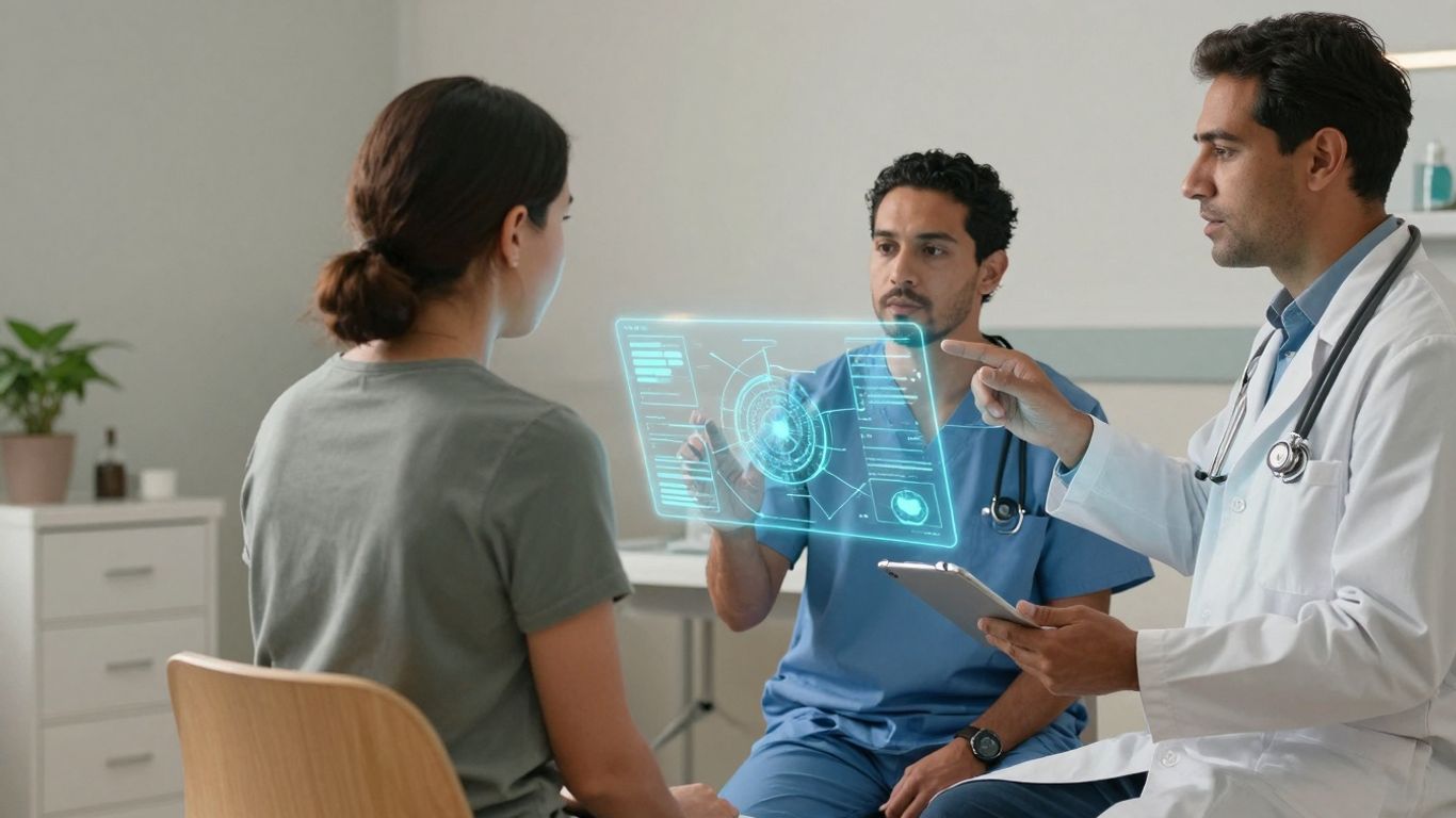 Doctor and patient with futuristic AI interface.