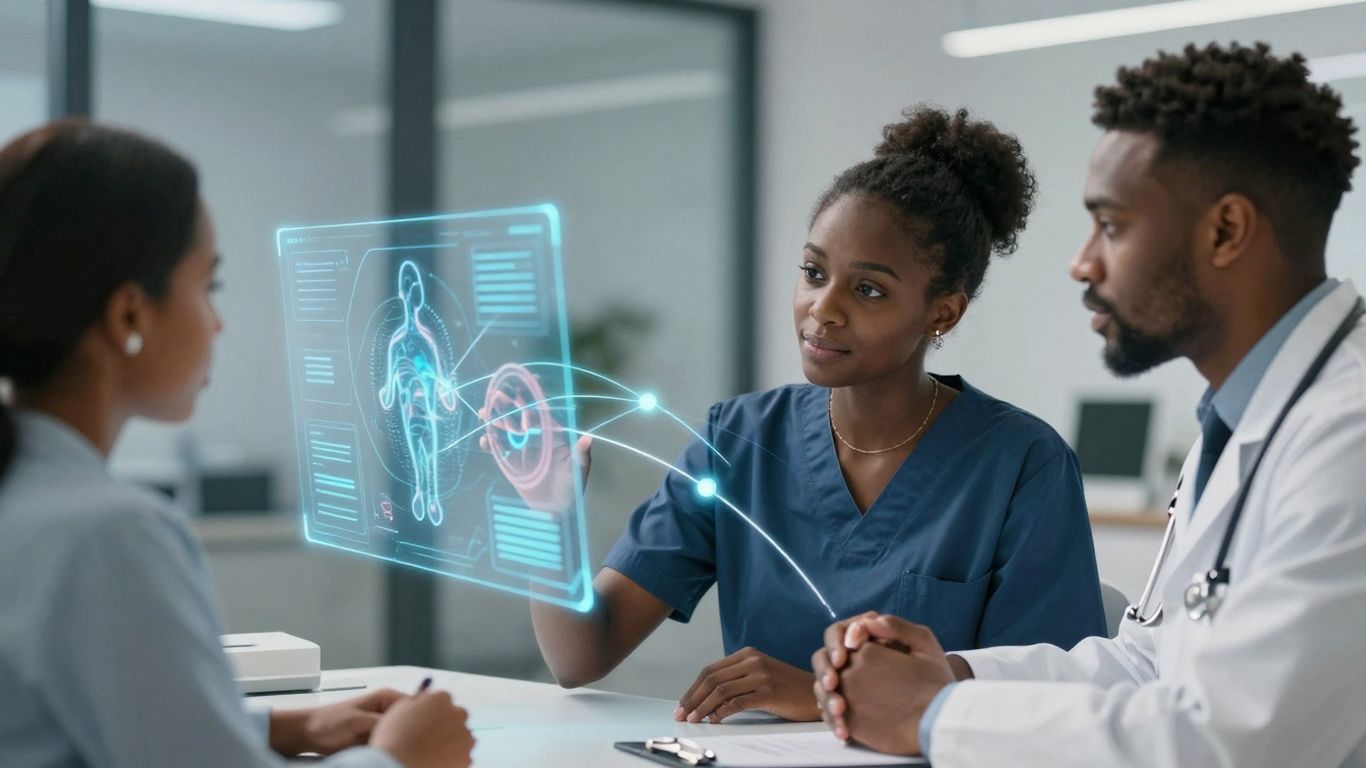 Doctor and patient with futuristic AI interface.