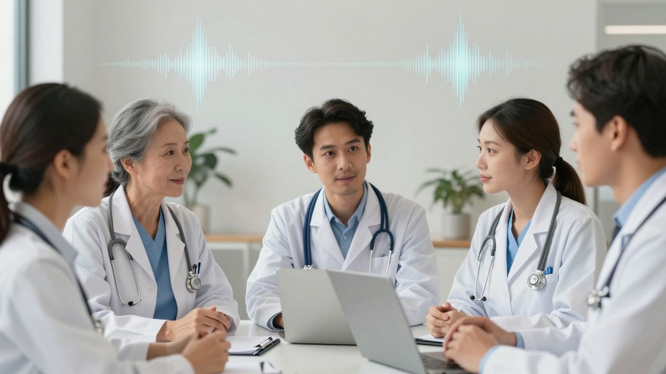 Healthcare professionals using voice AI for patient care.