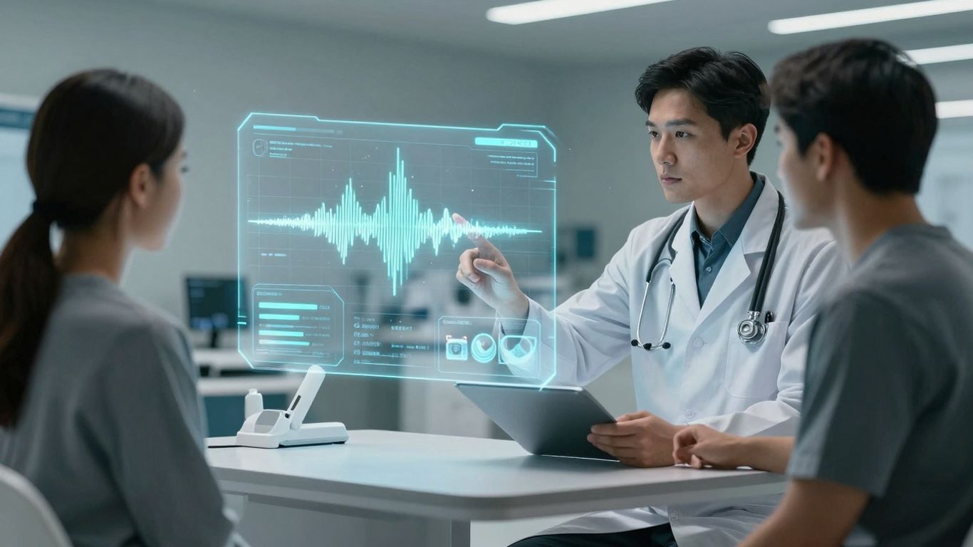 Doctor and patient interacting with voice AI interface.