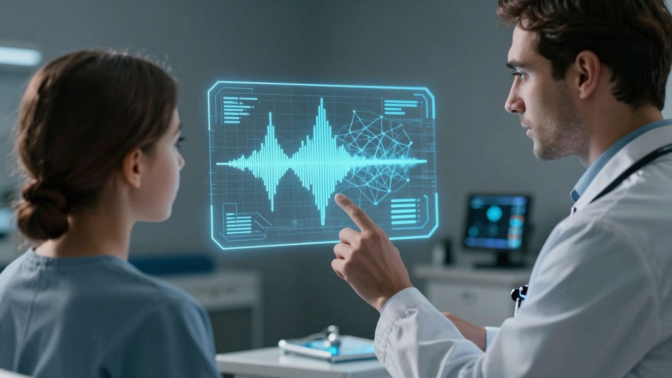 Doctor and patient interacting with futuristic holographic AI interface.