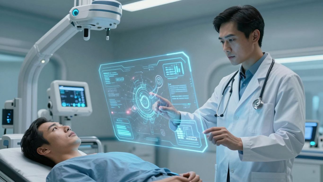 Doctor using advanced AI interface in a modern hospital.