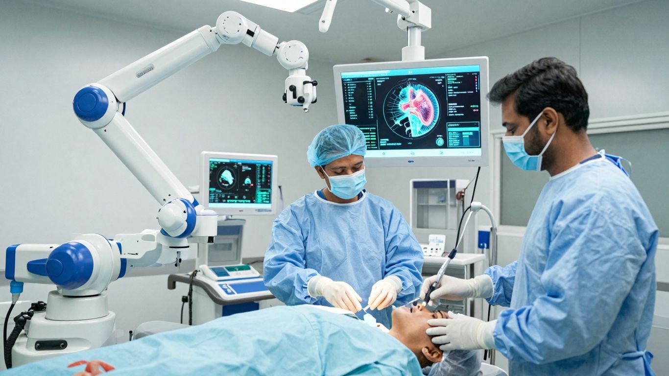 AI in healthcare, robotic surgery, futuristic medical technology.