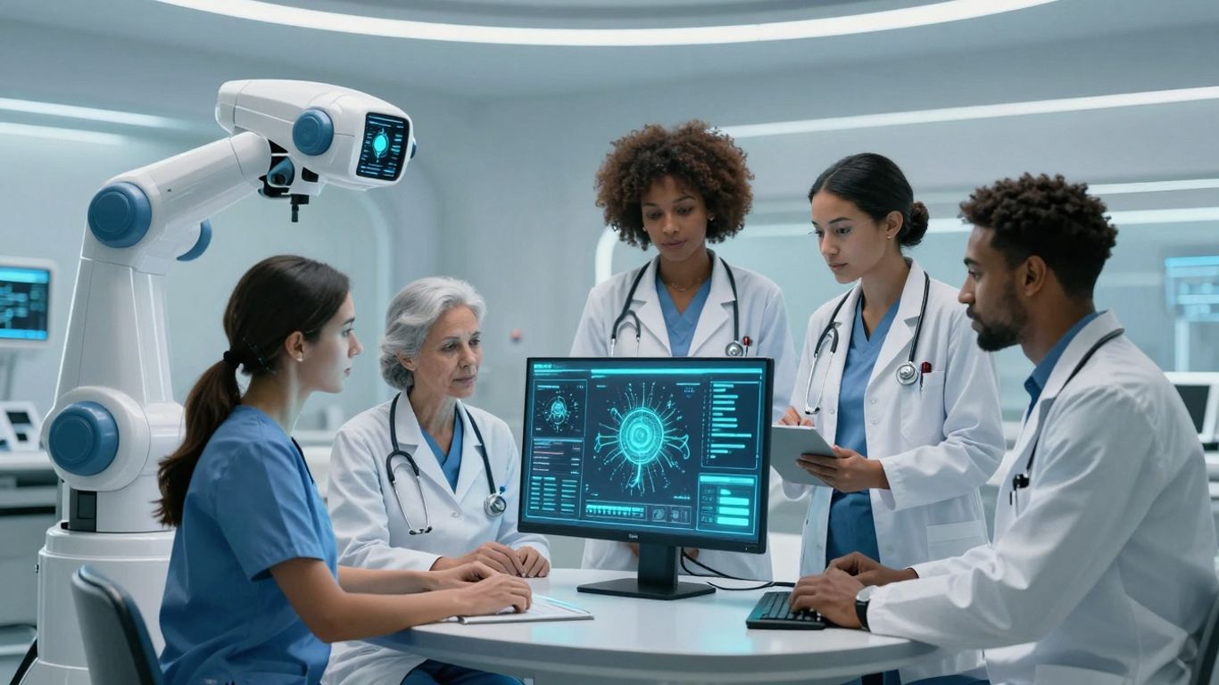 AI agents and doctors in a futuristic healthcare setting.
