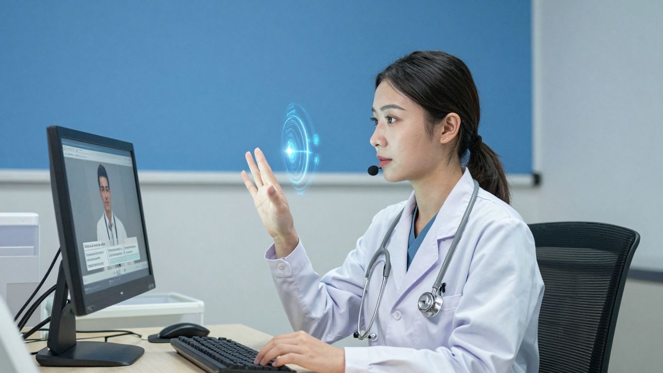 Healthcare professional using voice AI technology.