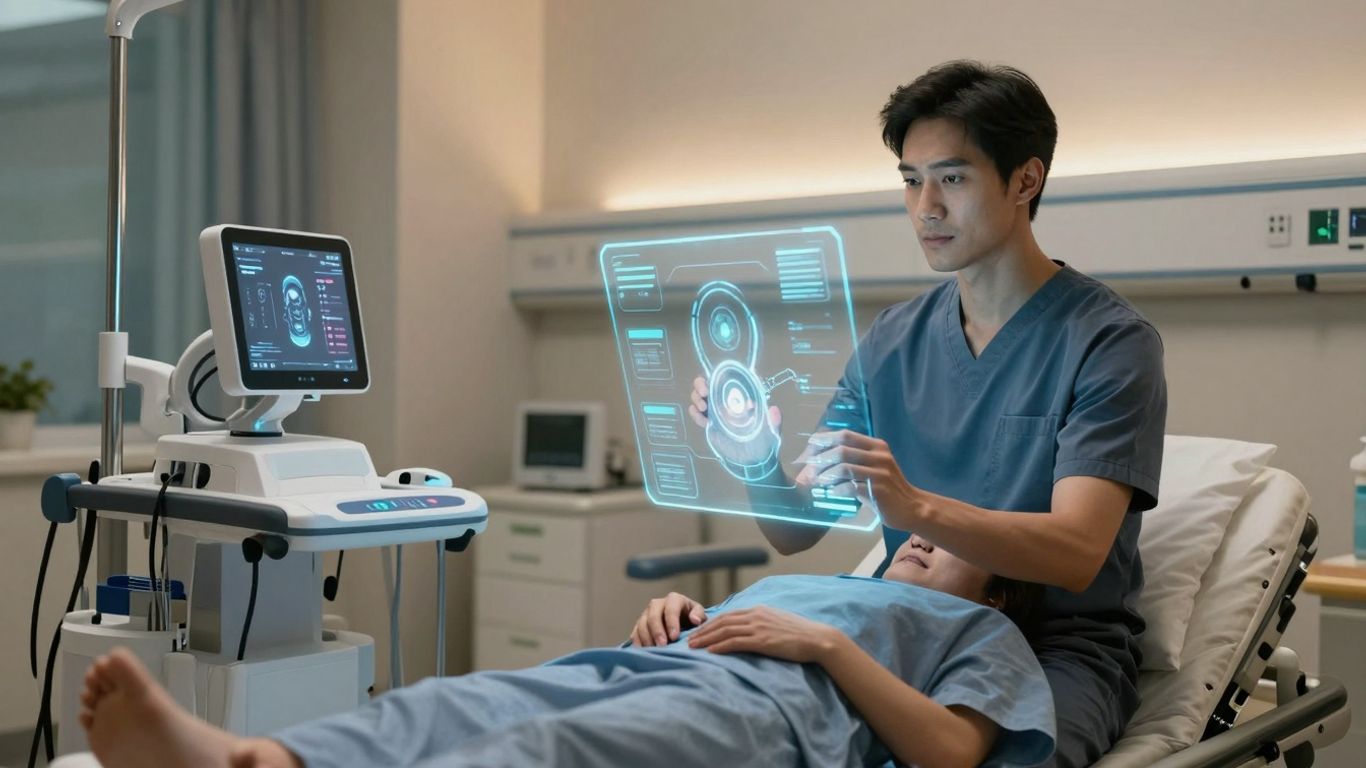 Patient engaging with AI in a futuristic hospital setting.