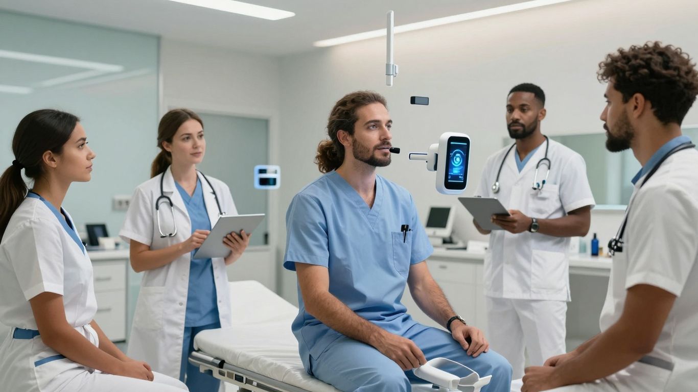 Healthcare professionals using advanced voice AI technology.