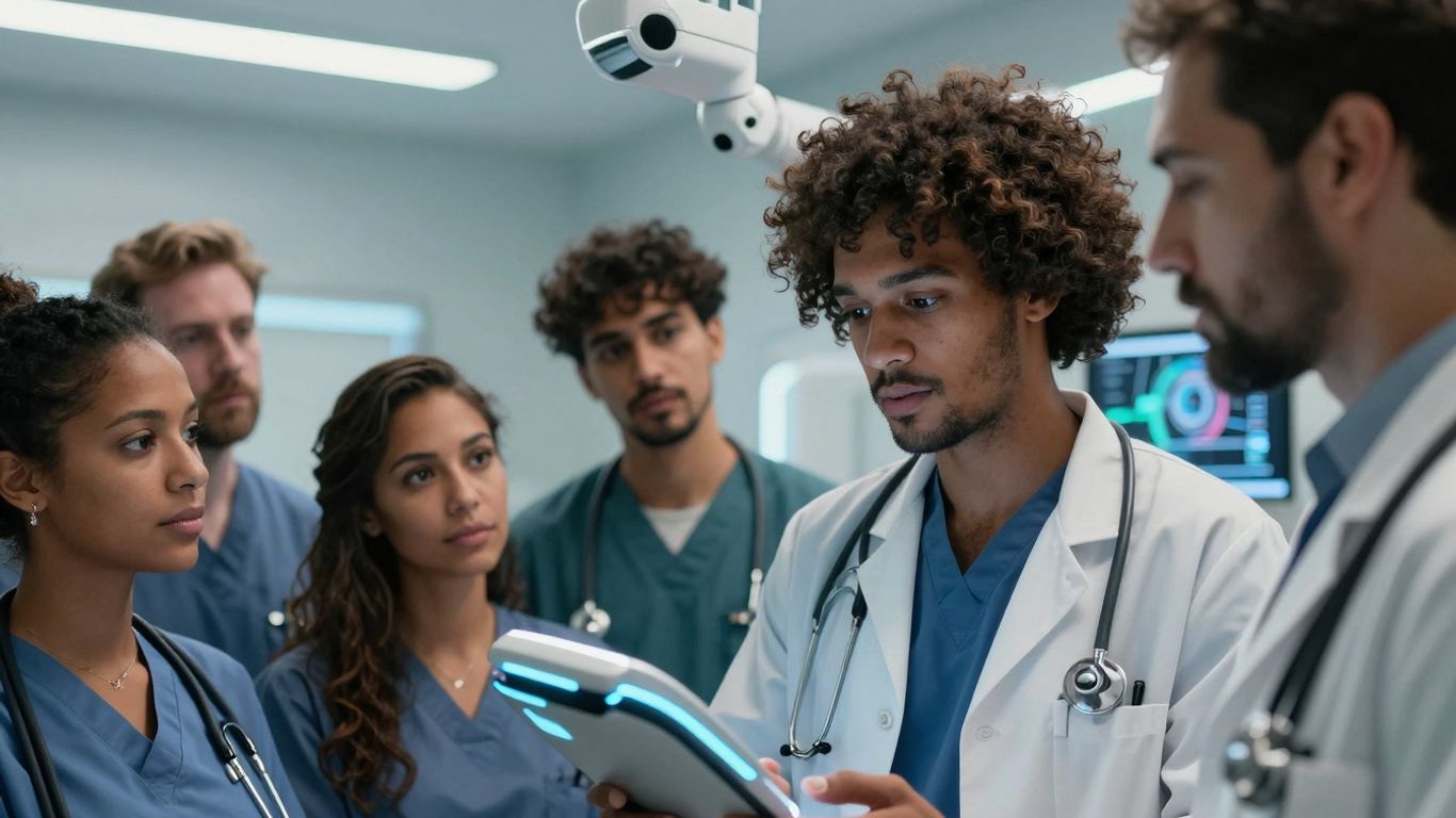 Doctors using AI voice documentation tools in a clinic.