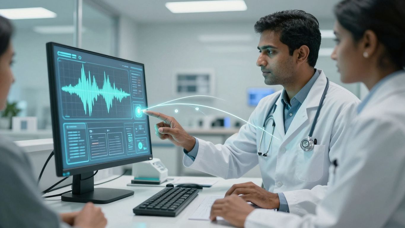 Doctor using AI voice documentation tool in futuristic medical office.