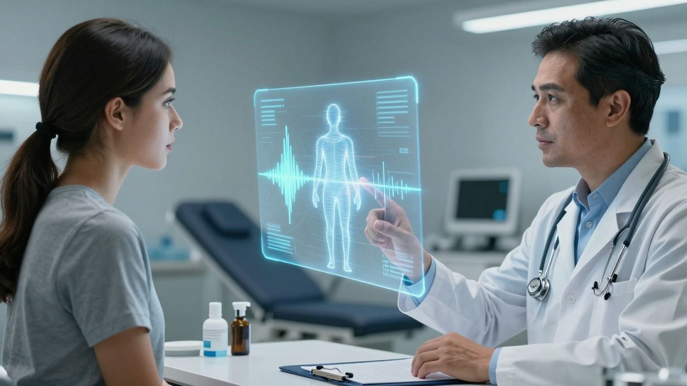 Doctor and patient interacting with AI interface.