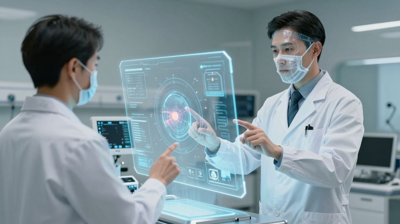 Doctor using AI interface in a modern hospital room.