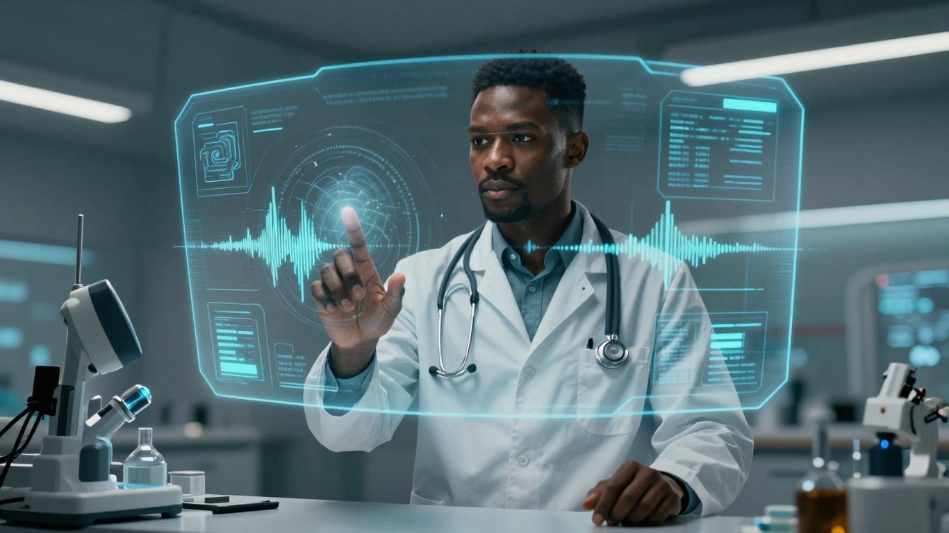 Doctor using AI voice agent in futuristic healthcare setting.