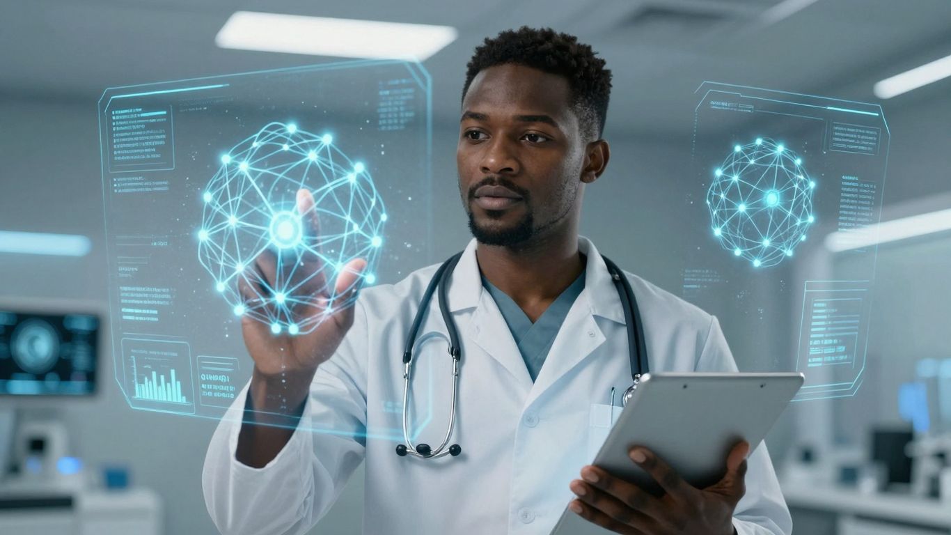 Healthcare AI communication interface with neural network visuals.