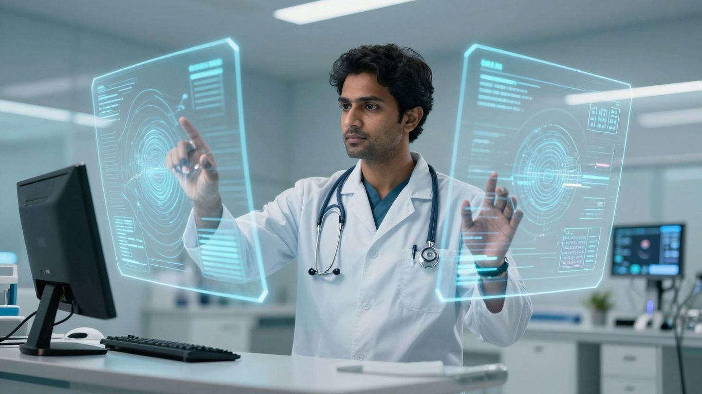 Futuristic healthcare communication with AI interfaces.