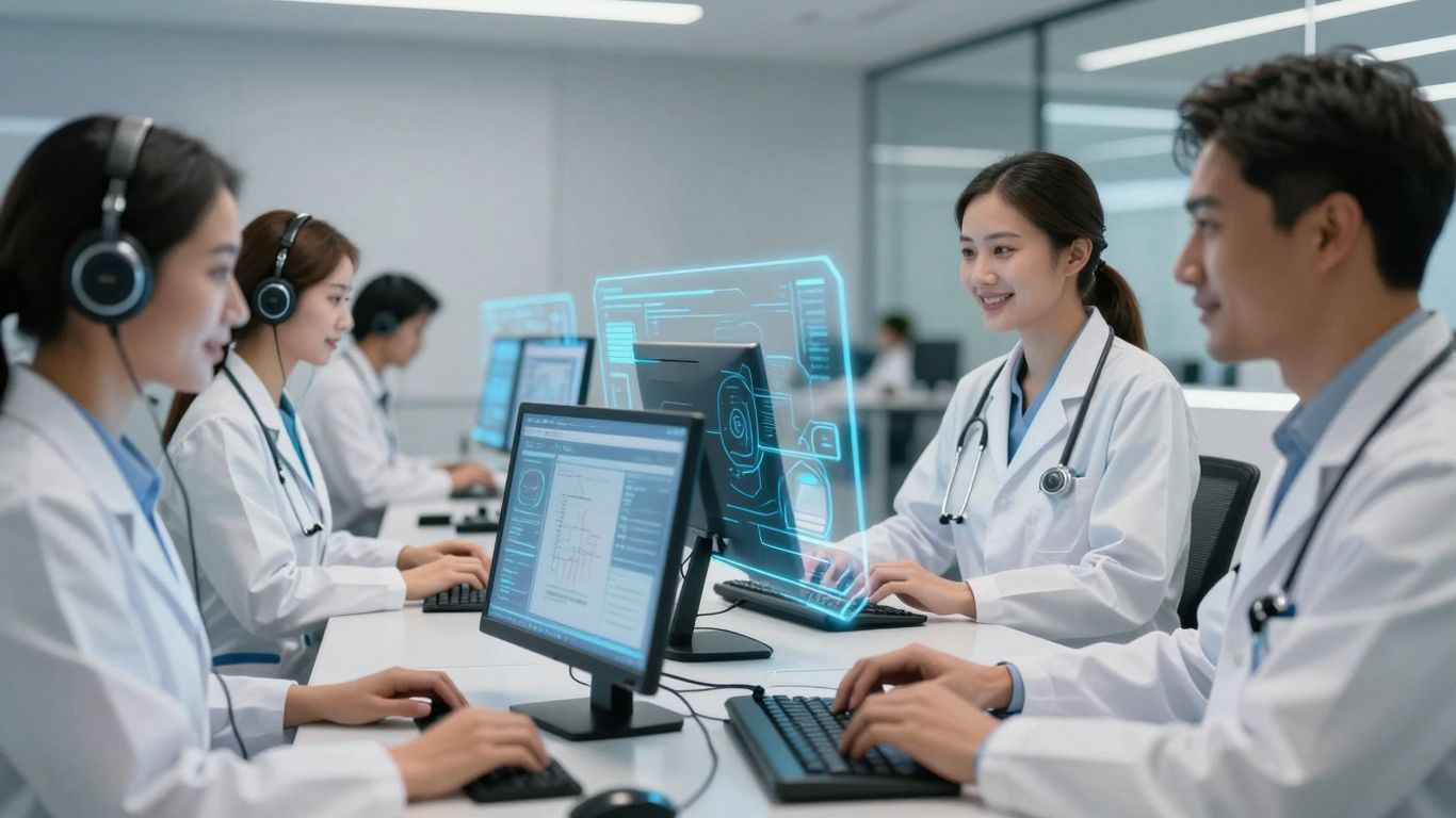 Healthcare professionals using AI voice assistants in a call center.