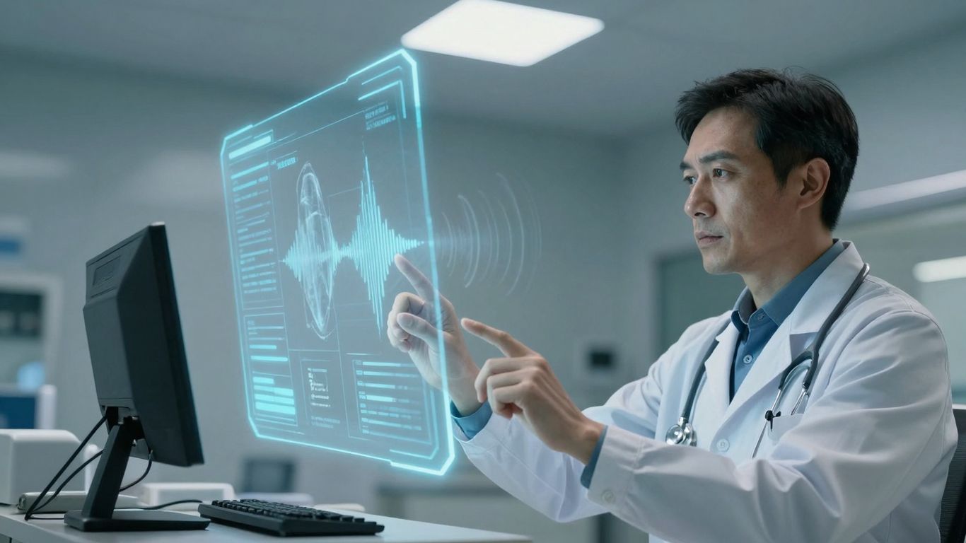 Doctor using voice AI in a healthcare setting.