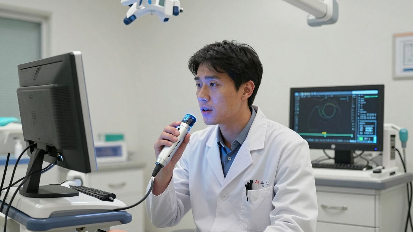 Doctor using voice AI in a modern healthcare setting.