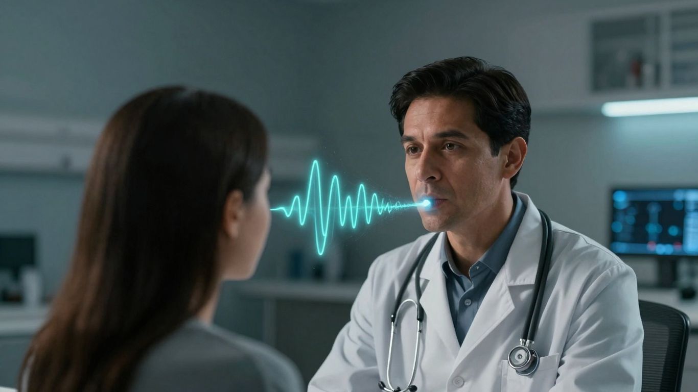 Doctor and patient with voice AI sound waves.