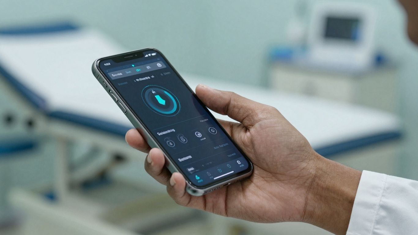 Doctor using smartphone with healthcare interface