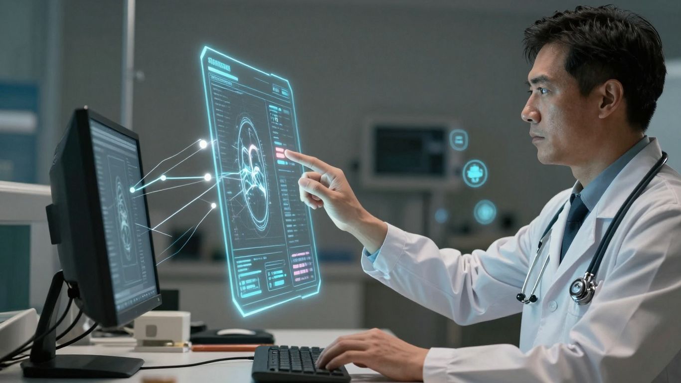 Doctor using holographic interface for clinical workflow.