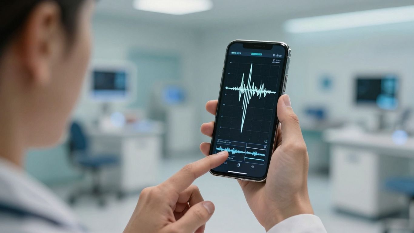 Doctor interacting with voice AI on a smartphone in a medical setting.