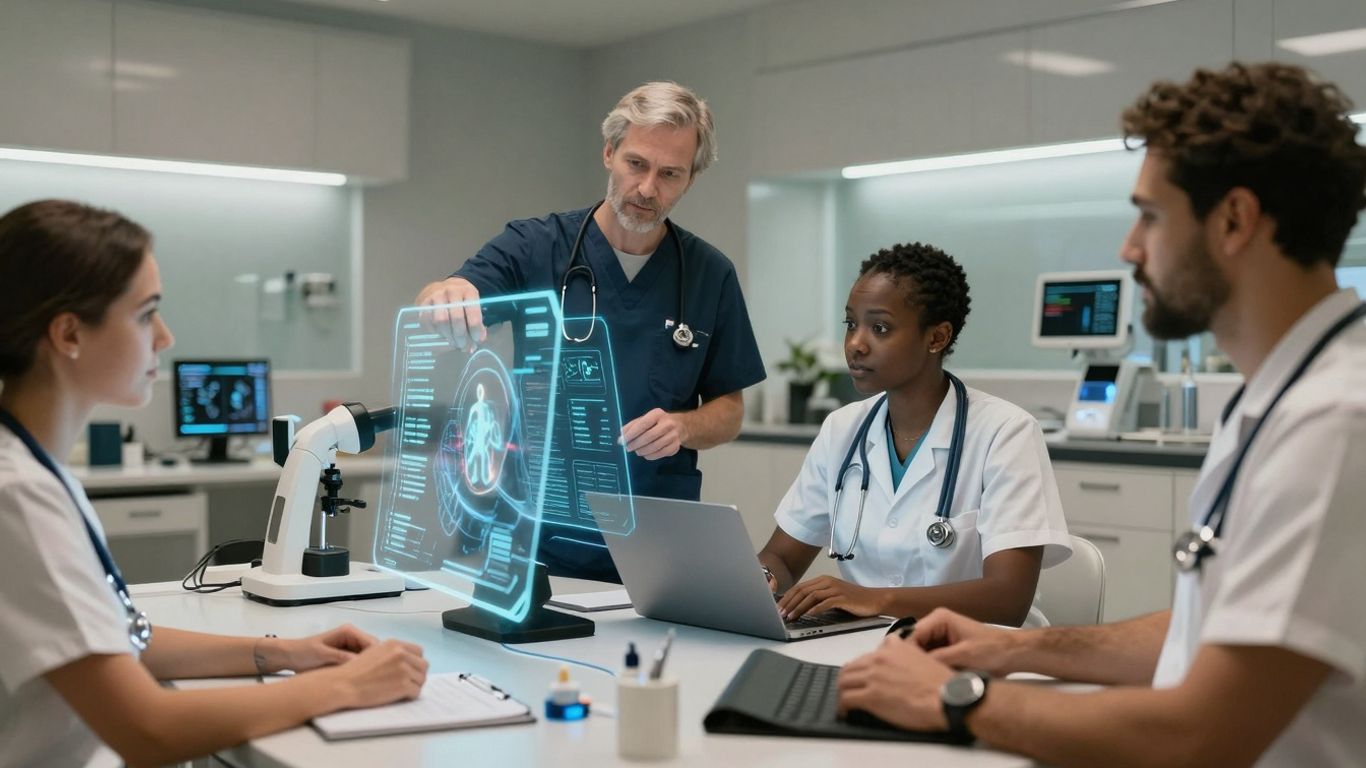Healthcare professionals using advanced AI interfaces.