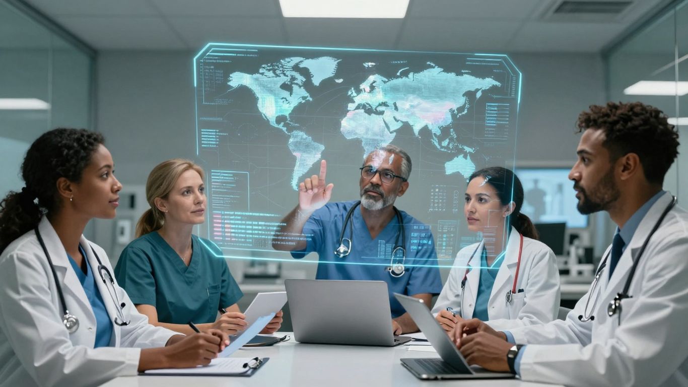 Healthcare professionals using advanced AI interfaces globally.