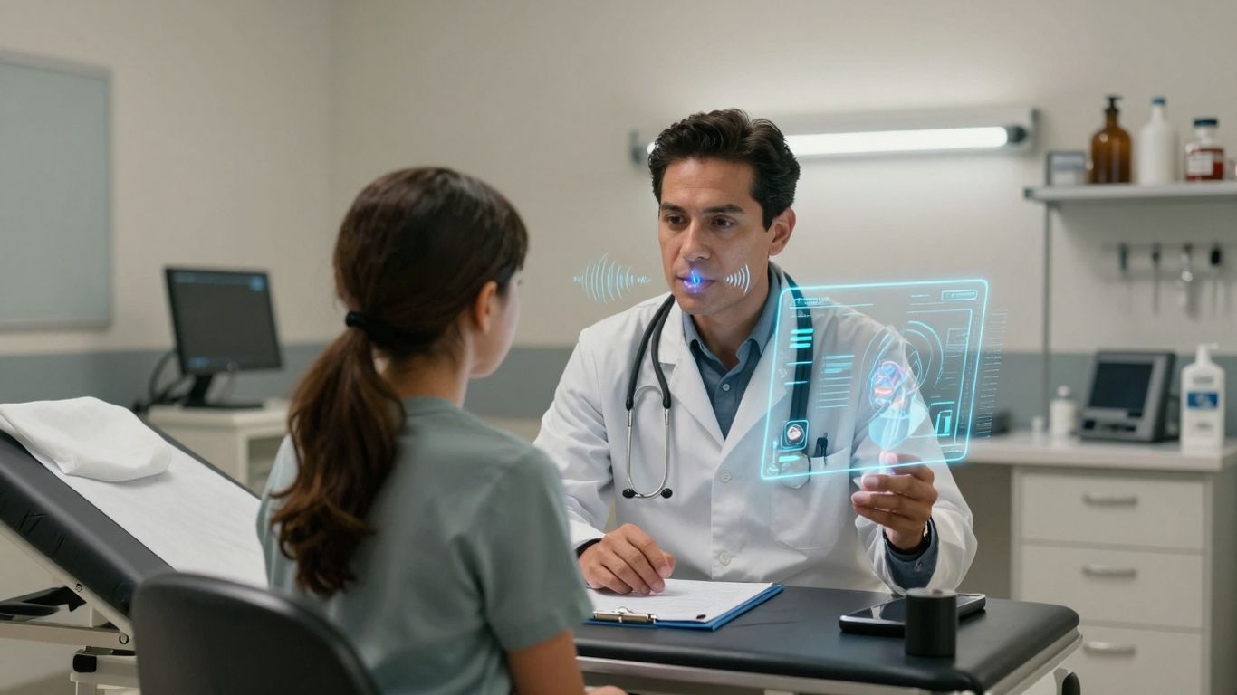 Doctor and patient using voice AI for healthcare.