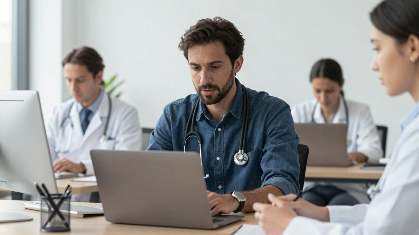Healthcare professionals collaborating securely via voice AI tools.