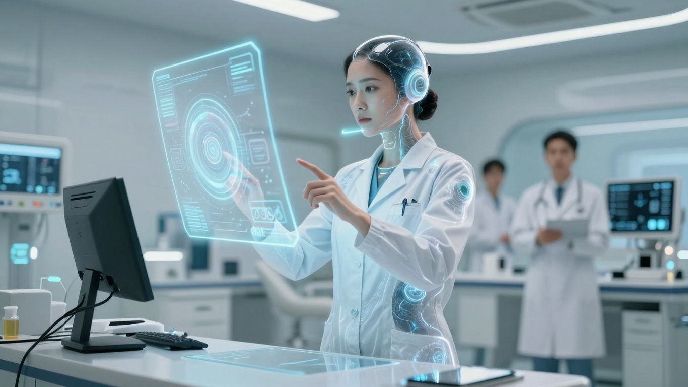 AI voice agent in a futuristic healthcare setting.