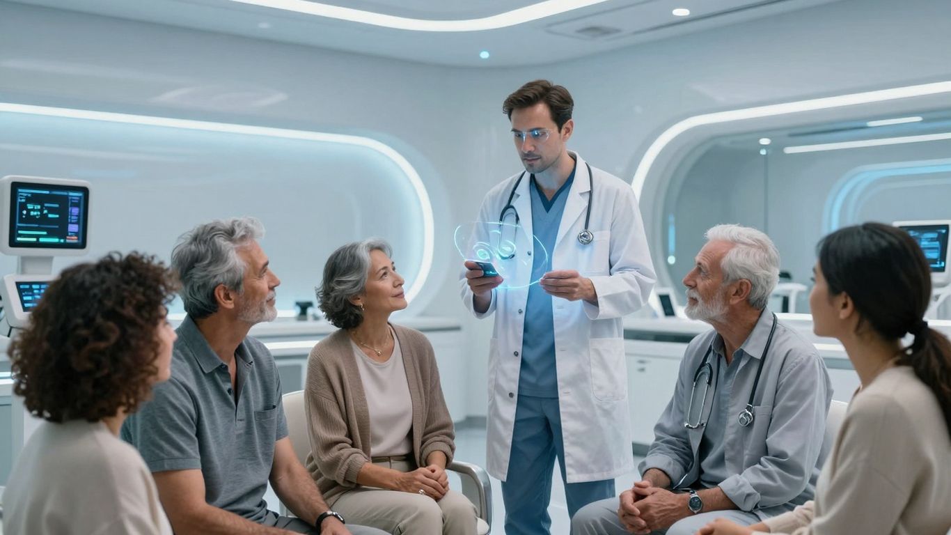 AI voice agent interacting with patients in a modern healthcare setting.