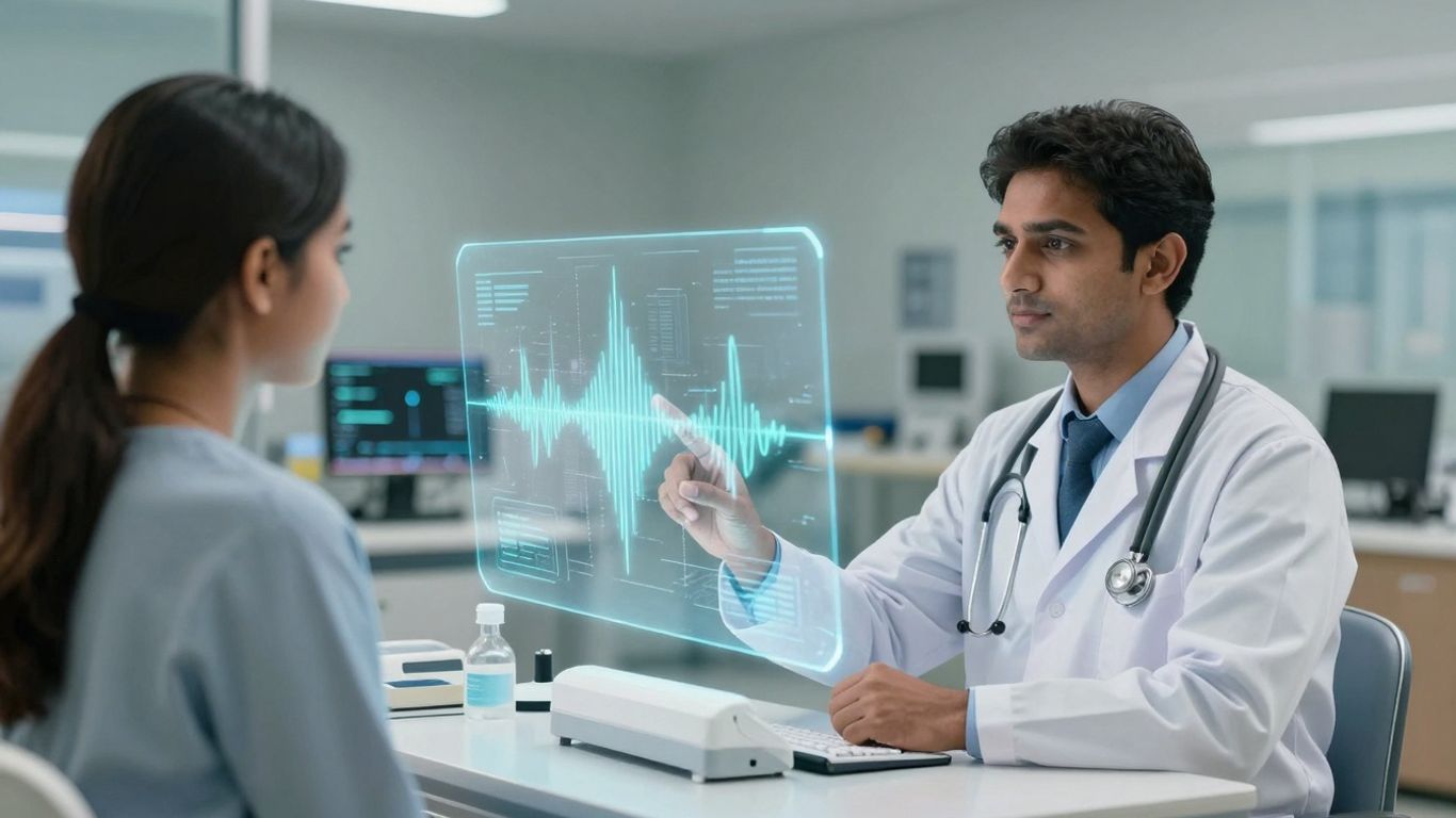 Doctor and patient using advanced voice AI in a hospital.