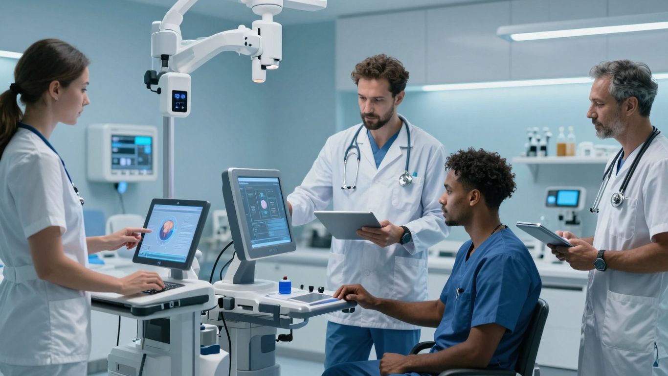 Healthcare professionals using advanced communication technology