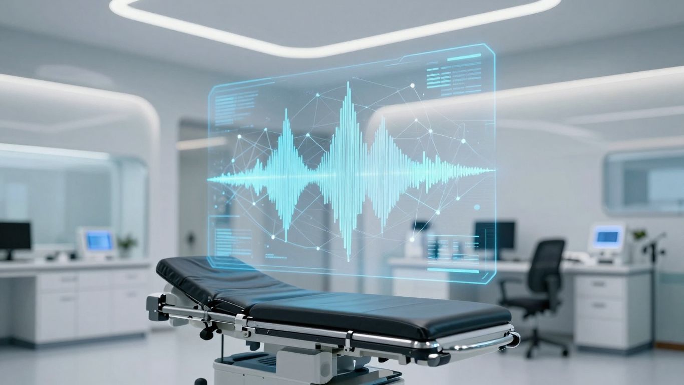 Healthcare communication technology with voice AI and network connections.