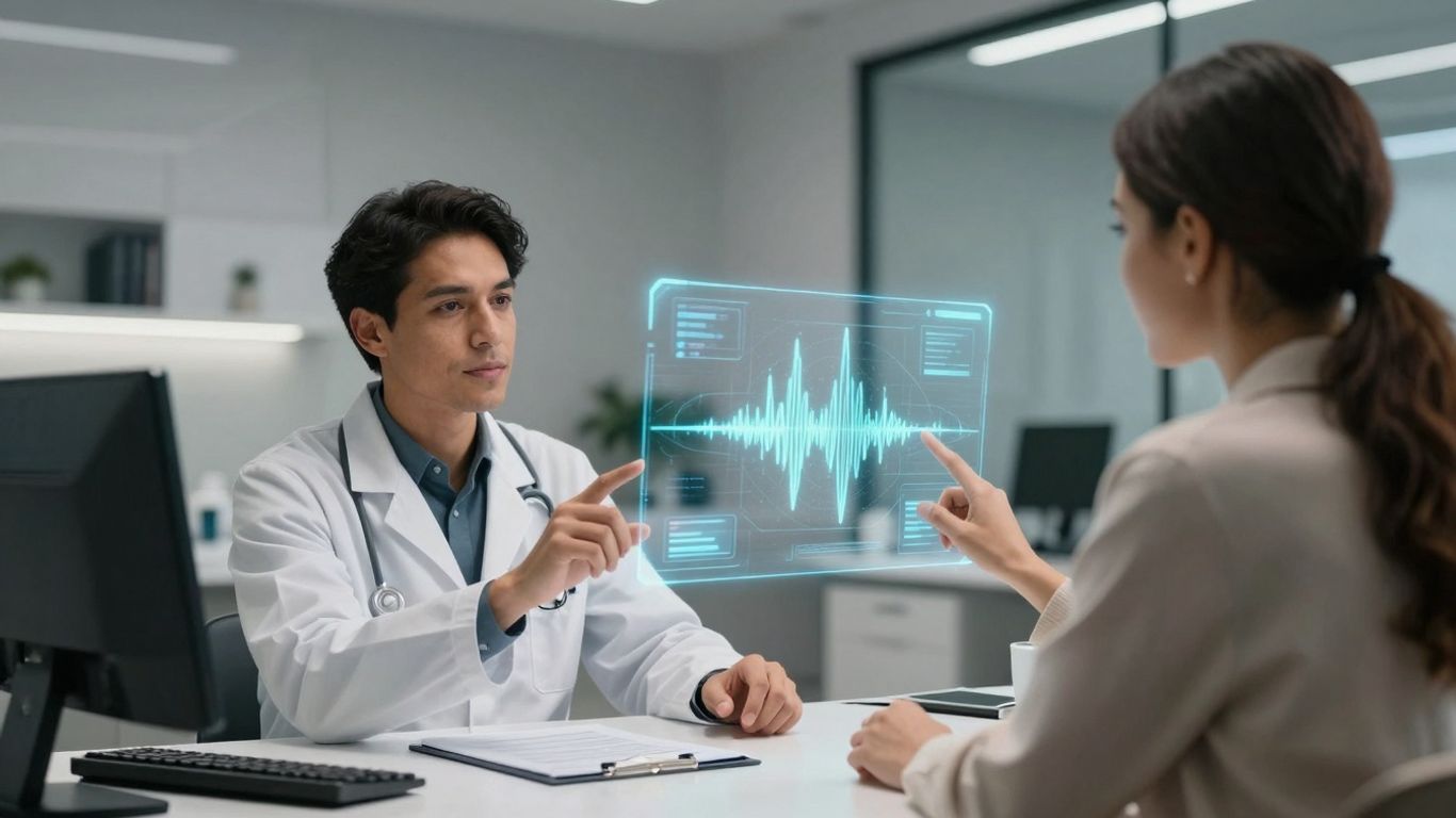 Doctor and patient using holographic voice AI interface.