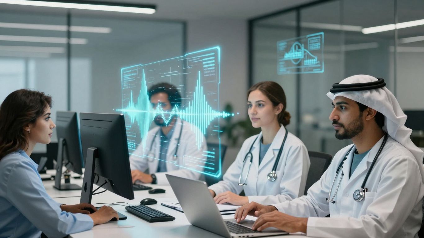 Healthcare professionals using advanced communication technology.