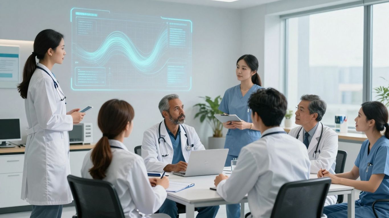 Healthcare professionals collaborating with advanced communication technology.