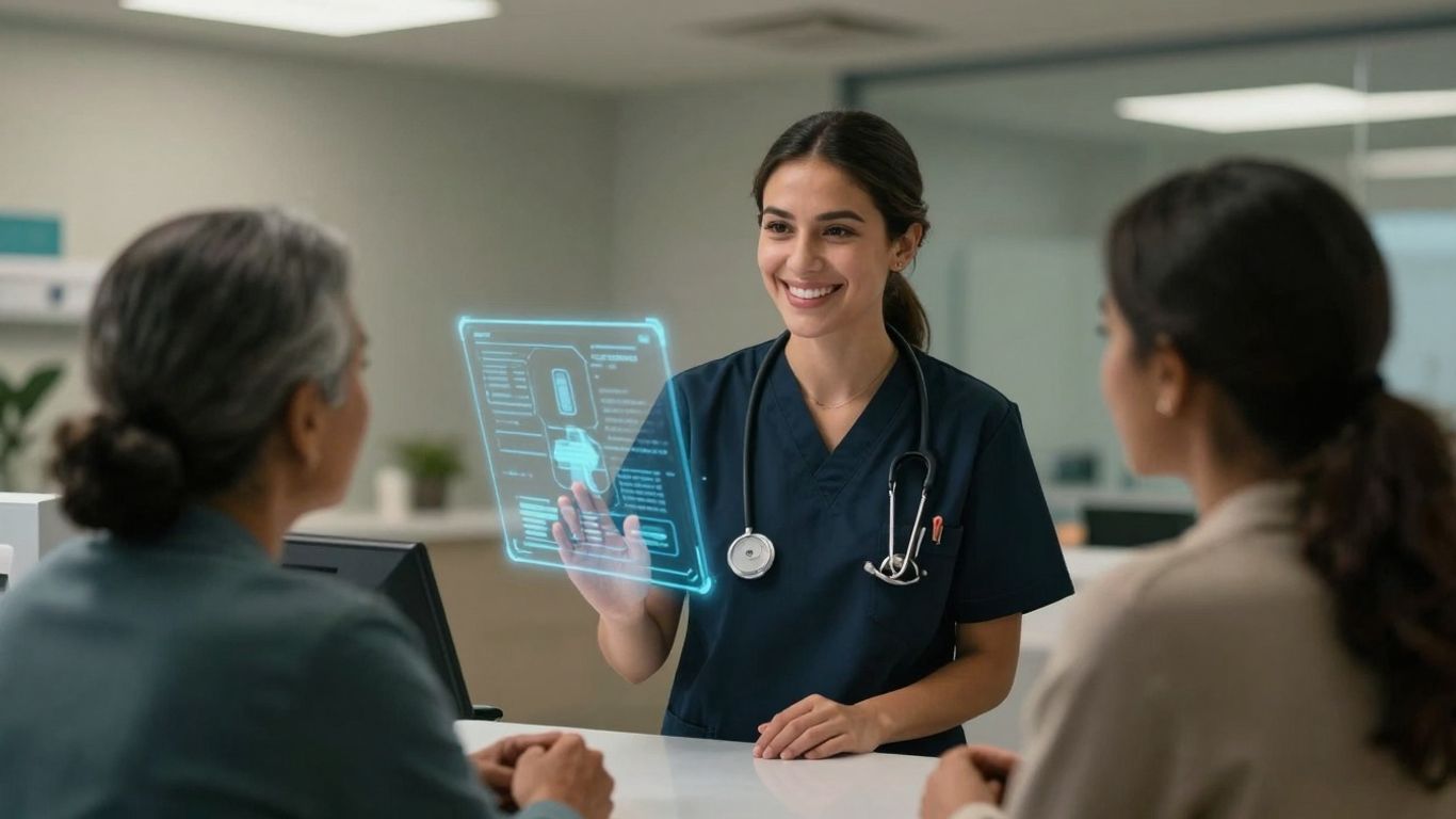 Nurse and patient in a modern healthcare setting with technology.