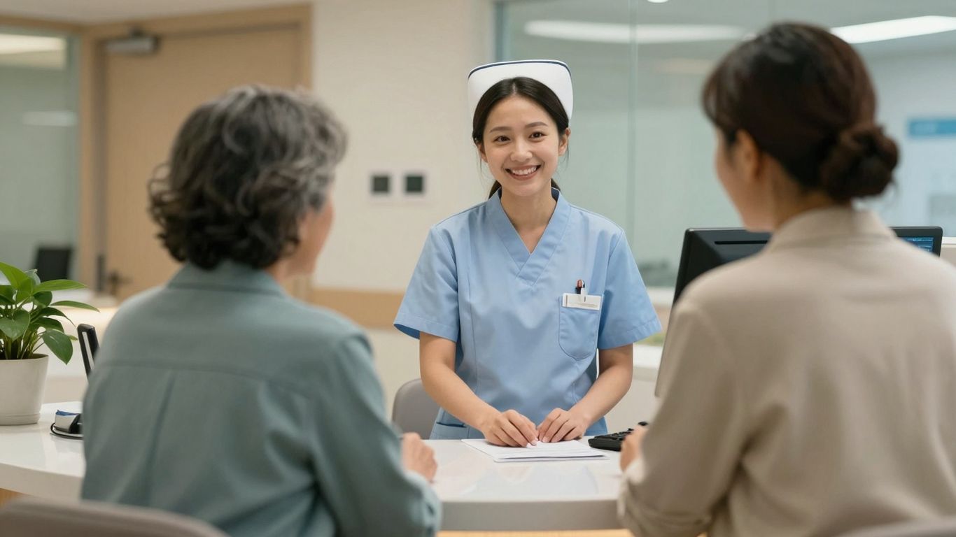 Nurse helping patient in modern healthcare setting.