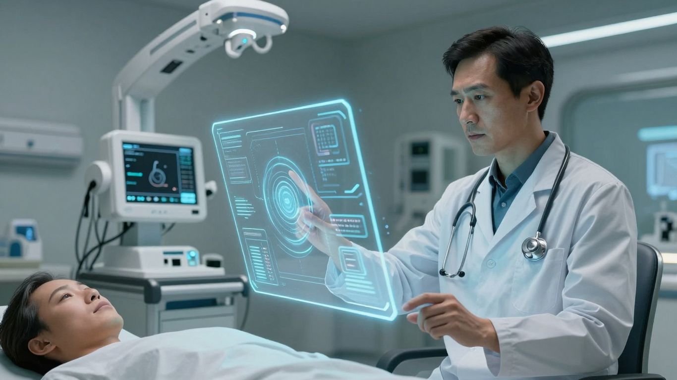 Doctor using advanced AI interface in futuristic hospital room.